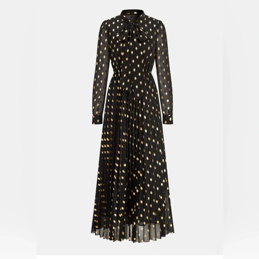 Commense Black and Gold Polka Dot Long Sleeve Midi Dress with Bow - Picture 1 of 12